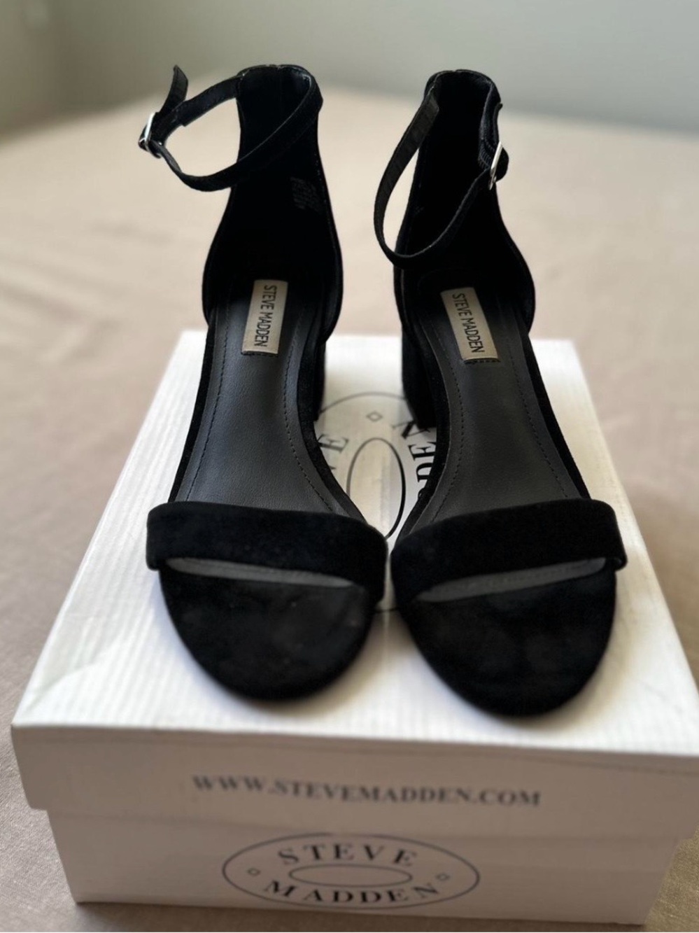 Steve Madden Irene Black Suede Ankle-Strap Block Heel Sandals 7.5